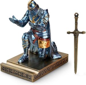 HDMbigmi King's Guard Leader Cloak Warrior Knight Pen Holder Mobile Phone Stand, Ornament Knight Statue, Pen Stand Paperweight with a Metal Sword Letter Opener for Office and Home (Blue) 