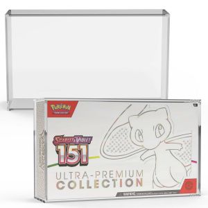 "Acrylic display case with strong magnetic lid for Pokémon Scarlet and Violet 151 Ultra Premium Collection box, crystal clear UV protection."